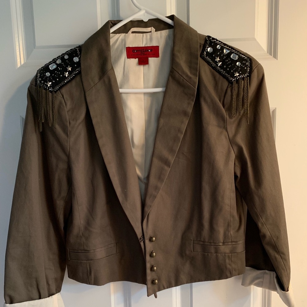 Olive green blazer with jeweled shoulders